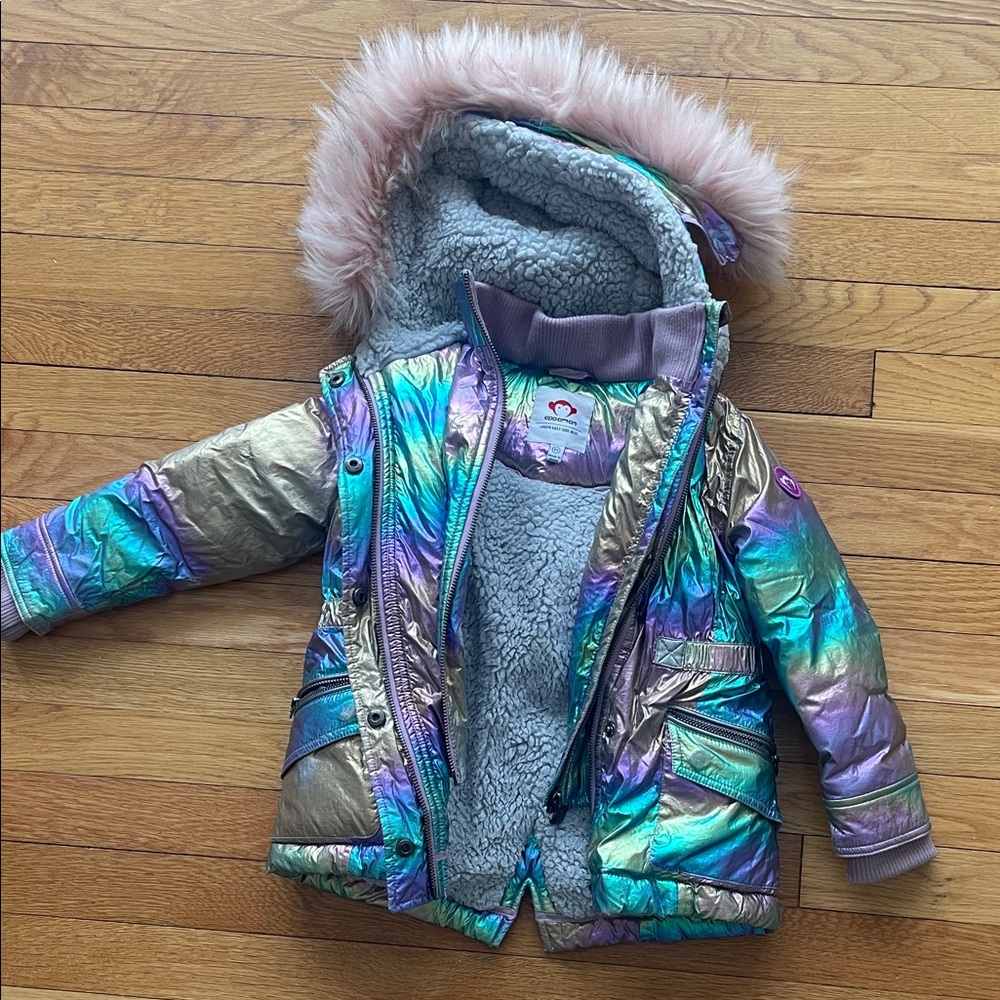Iridescent Kids' Winter Coat with Faux Fur Hood